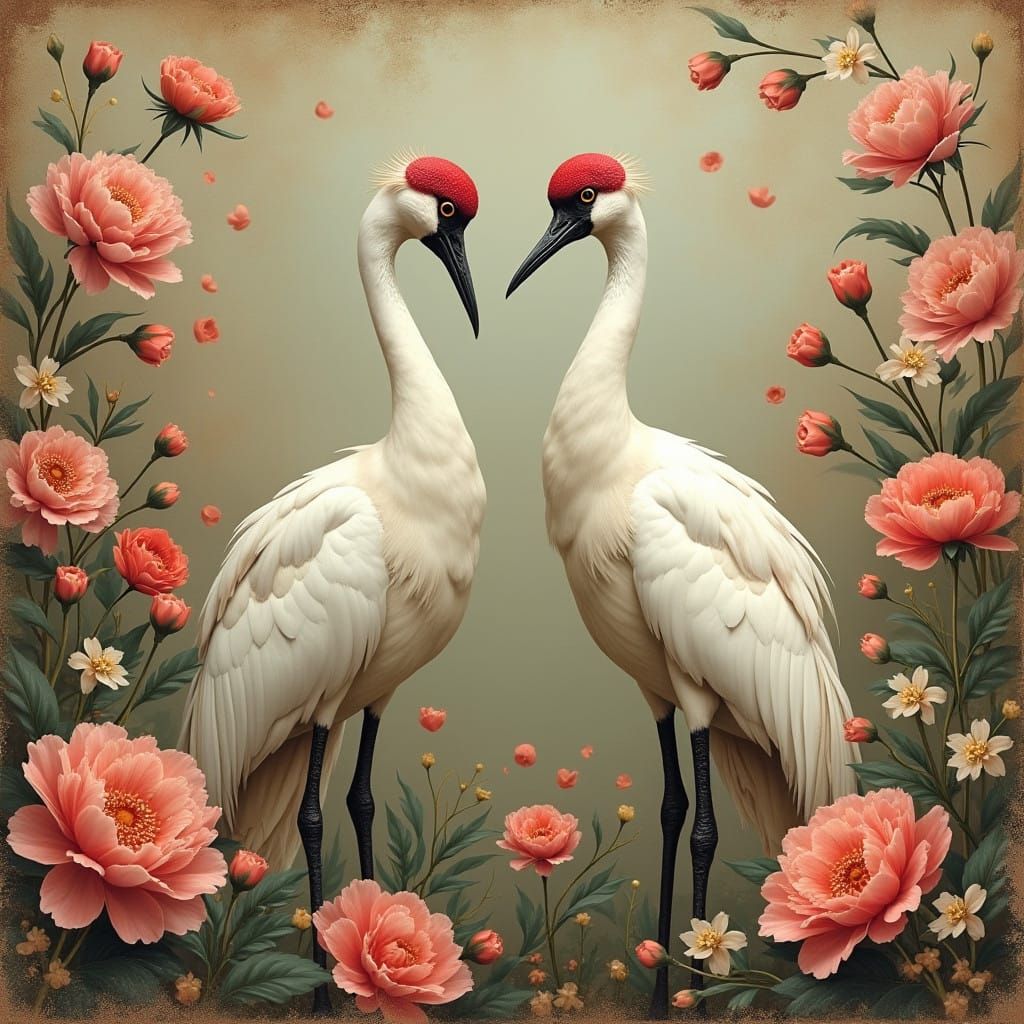 Elegant Cranes Amidst Vintage Floral Opulence
