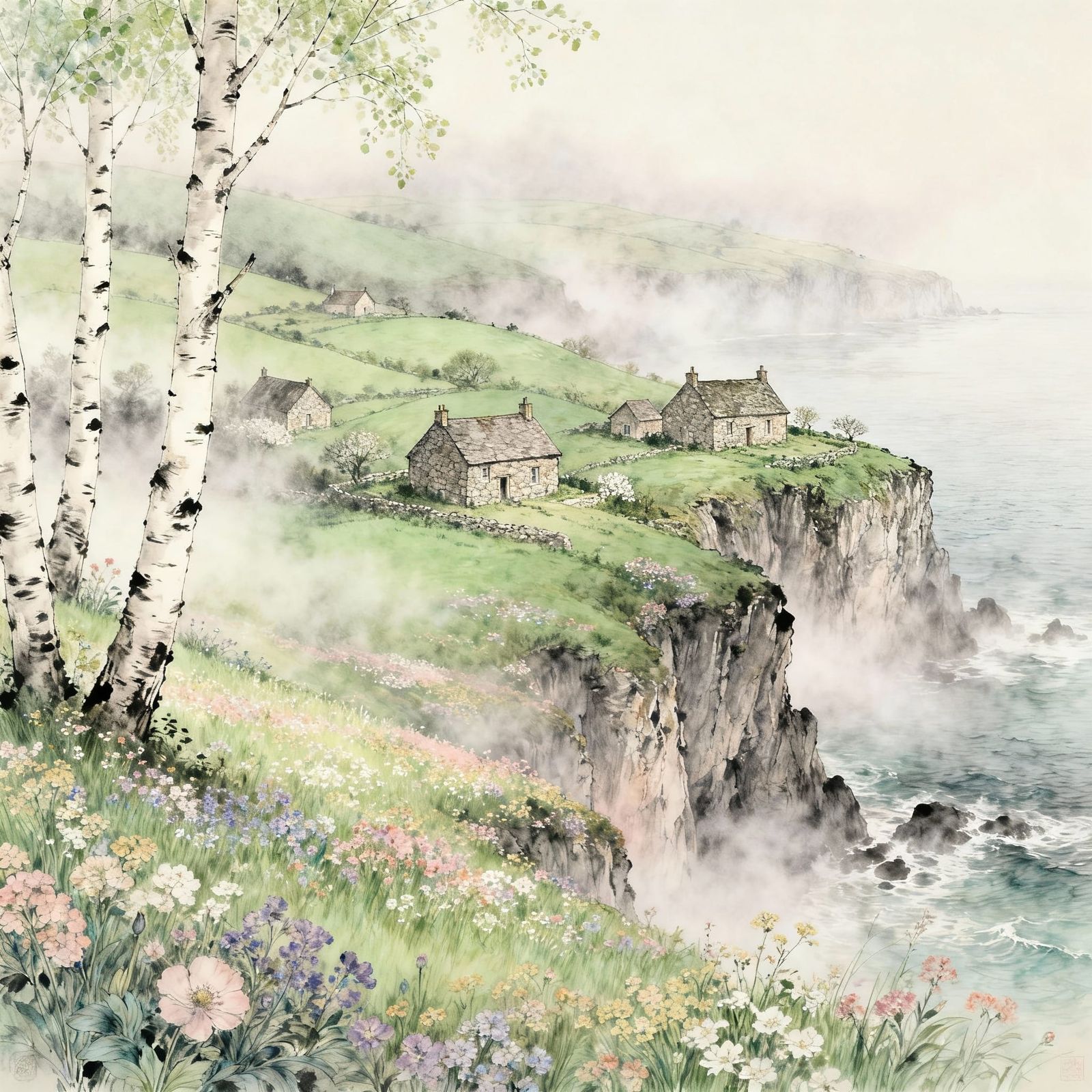 Ethereal Spring Dreamscape of Coastal Farmhouses and Rolling...