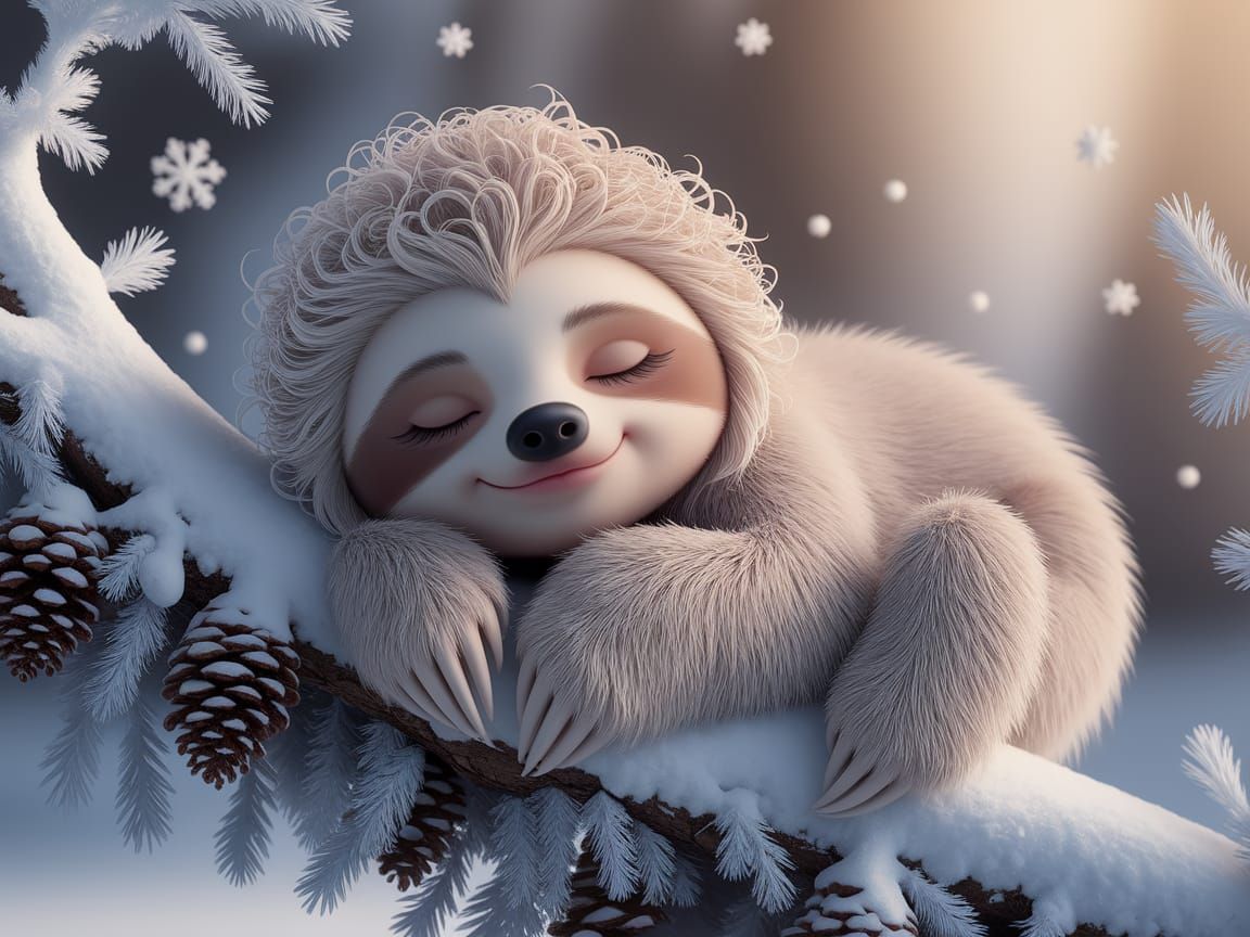 Adorable Sleeping Sloth in Gentle Snowfall