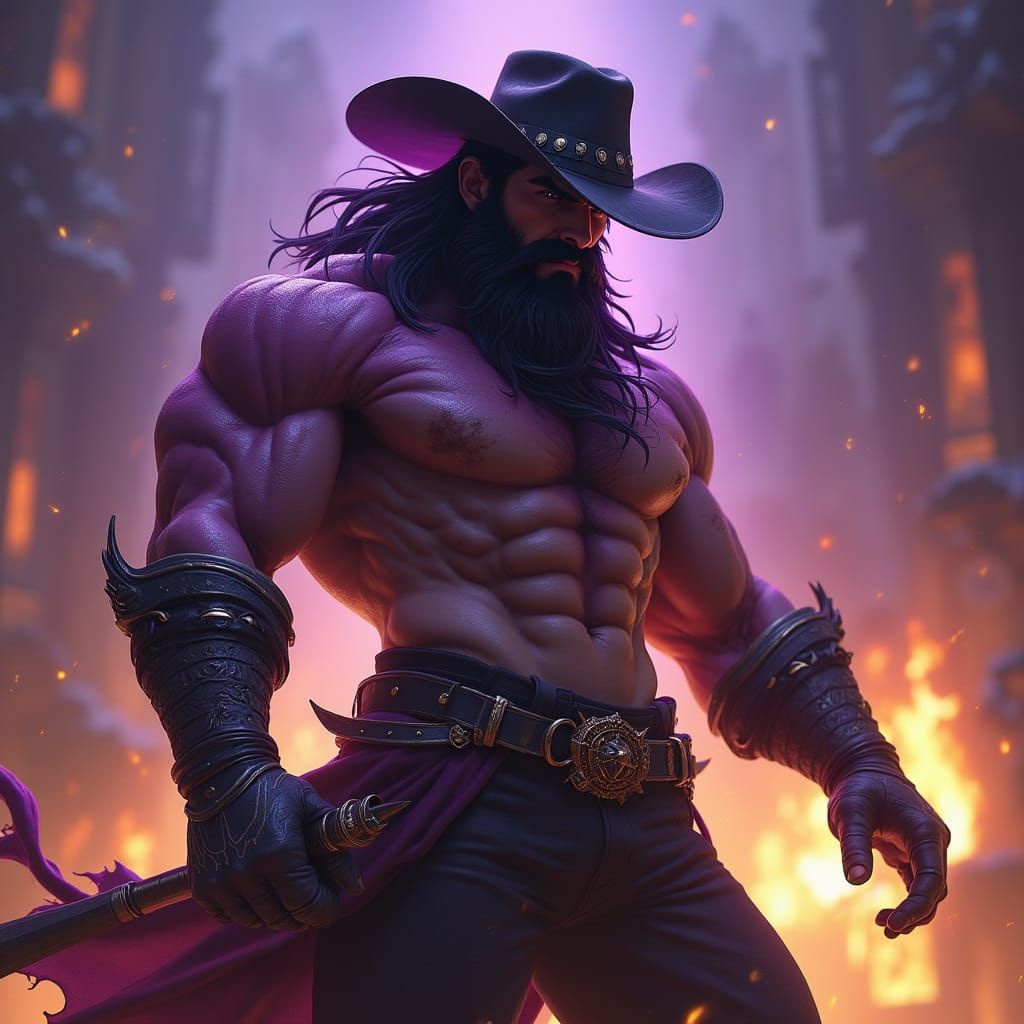 Muscular Cowboy Battles in Dark Fantasy Realm