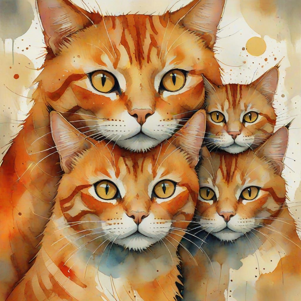 Cozy Cat Family Portrait in Watercolor Style