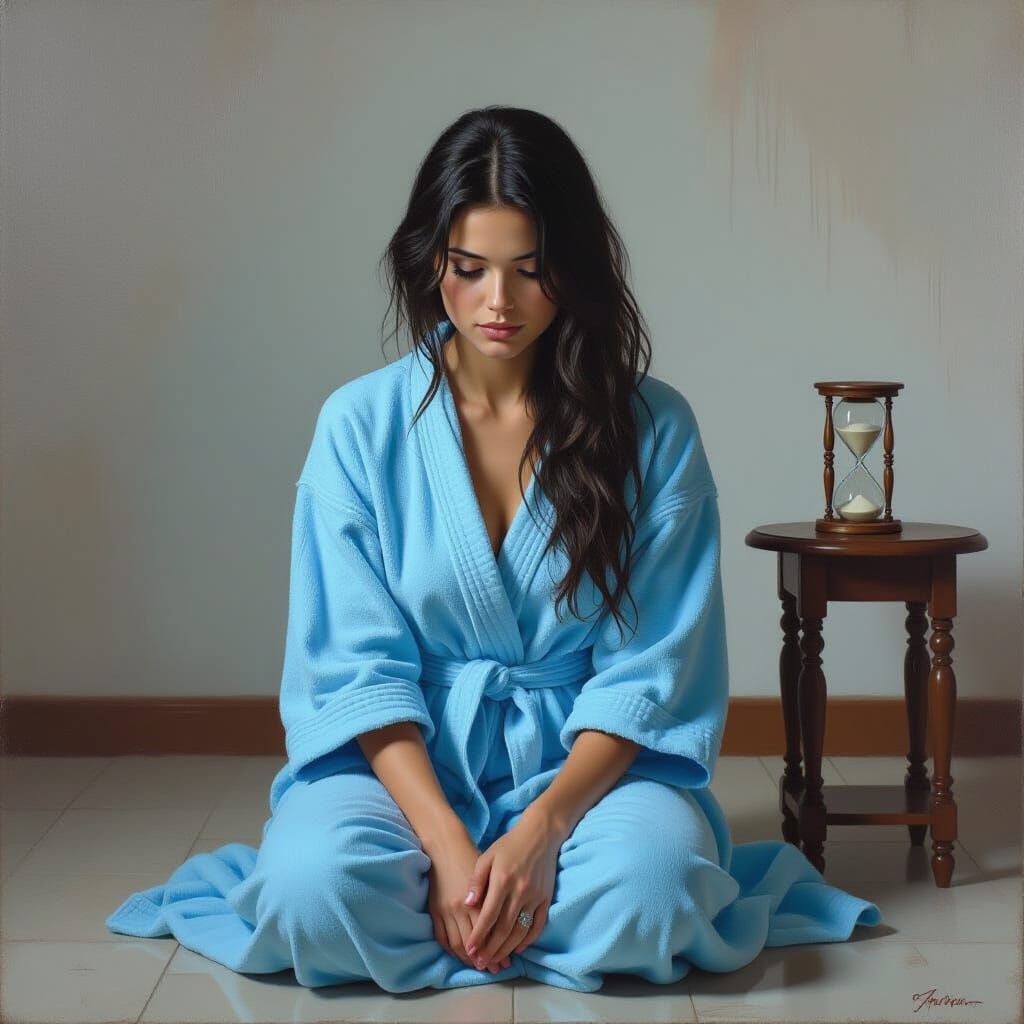 Contemplative Woman in Sparse Room with Hourglass