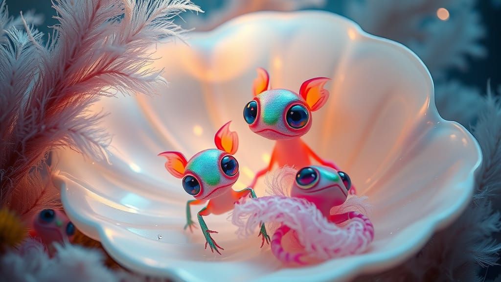 Hyperrealistic Ocean Creatures in a Luminous Pearl Shell