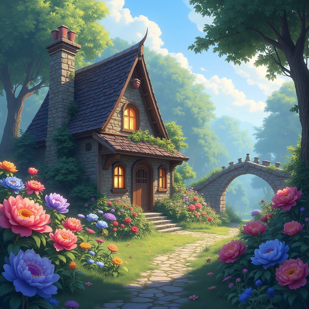 Enchanting Fairytale Garden with Cottage, Anime Style