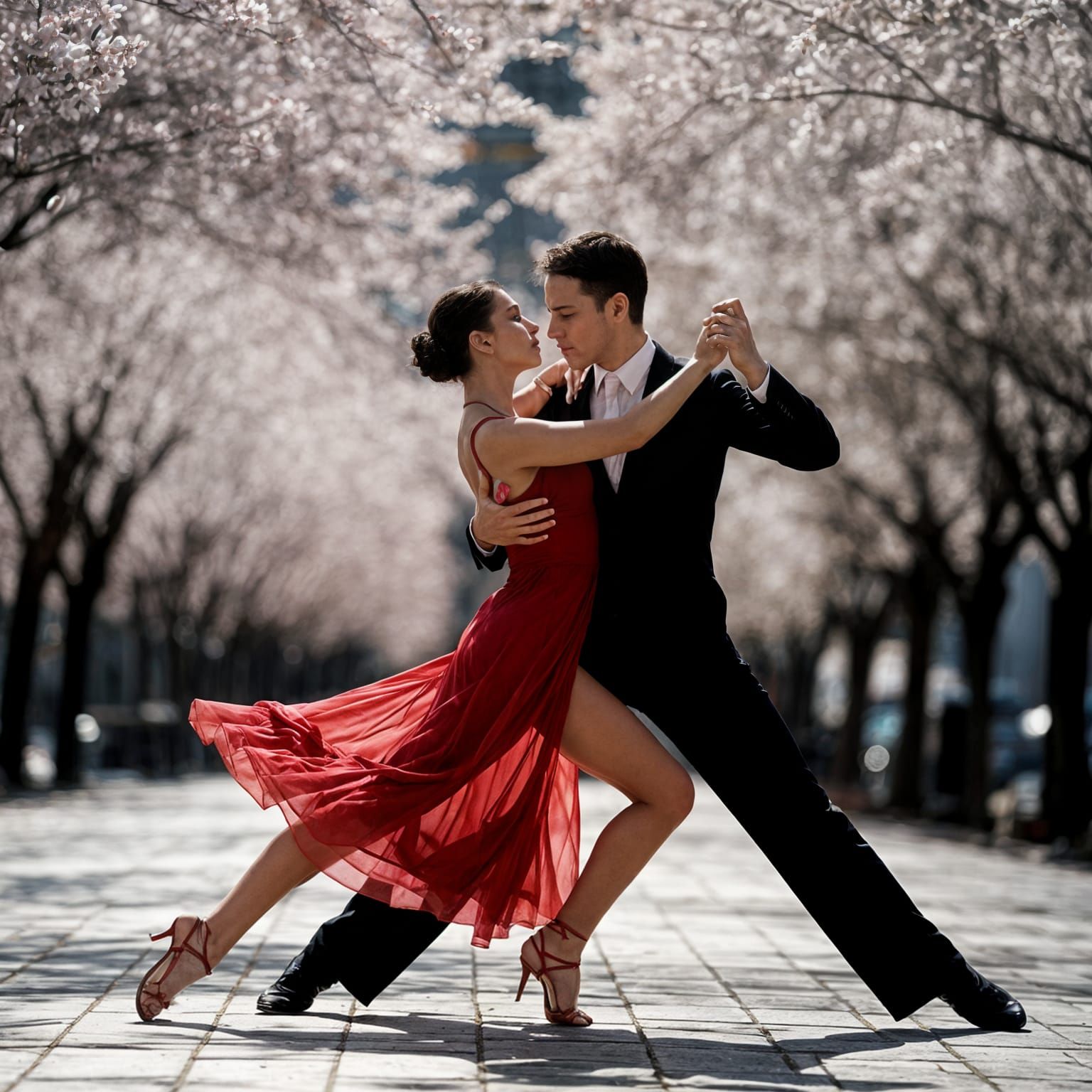 Passionate Tango Dancers in a Sunlit Plaza