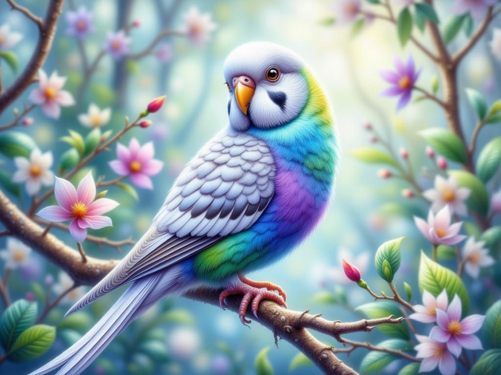 Pastel Budgerigar on Branch in Watercolor Style
