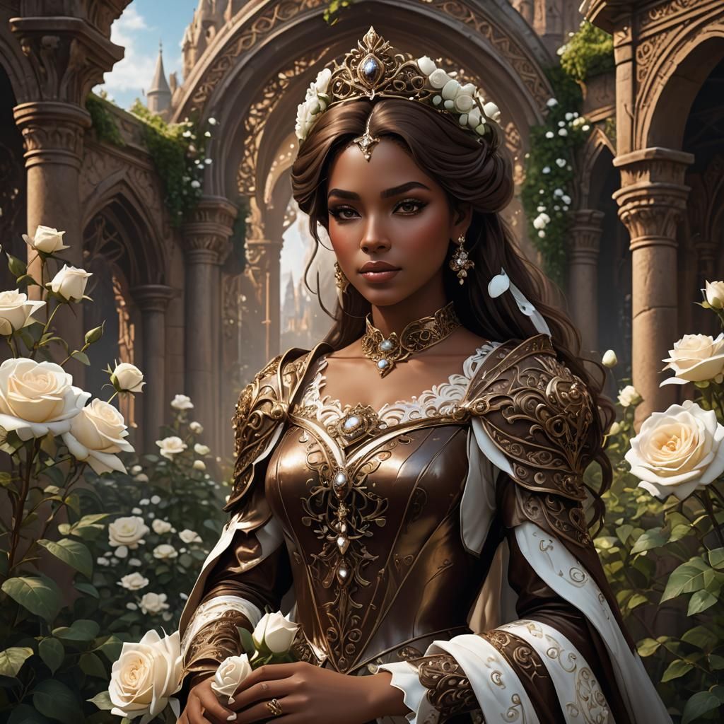 Brown Princess with White Roses: Fantasy Art