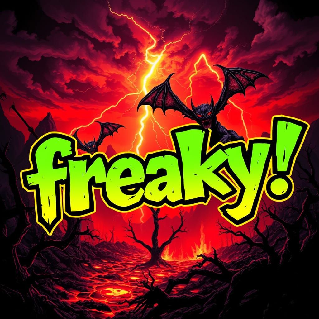 Freaky! in Neon Green and Yellow Graffiti Horror Text with D...