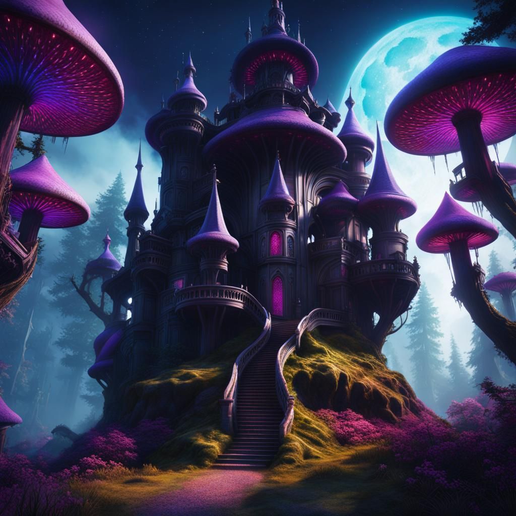 Eerie Mushroom Castle in Psychedelic Fantasy Style