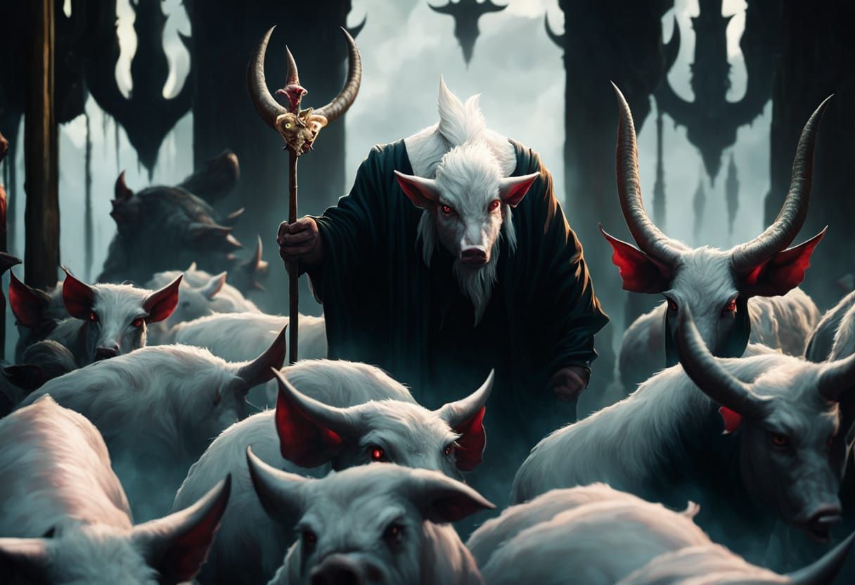 Satan Among Red Pigs in Dark Fantasy Art