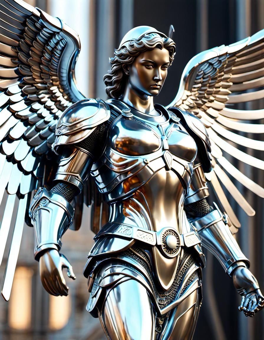 Futuristic Metallic Archangel Statue in Sci-Fi Style