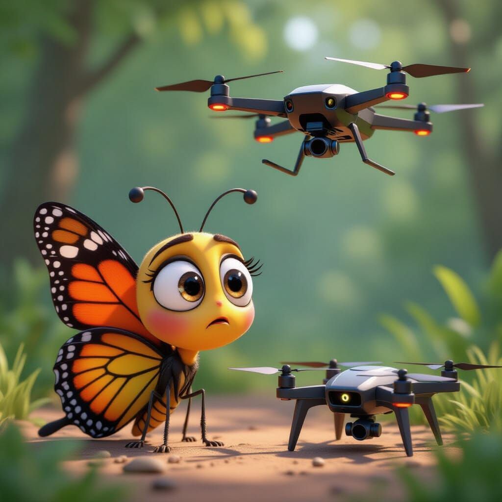 Confused Butterfly Stares at Drone, Pixar Style