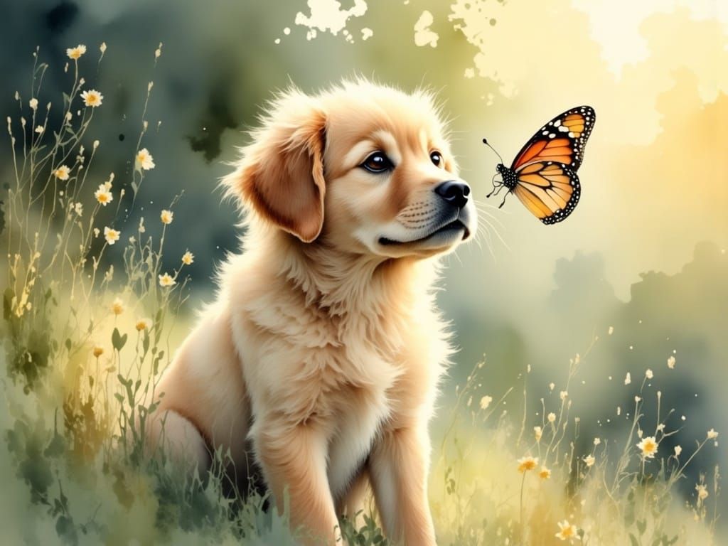 Golden Puppy Surrounded by Delicate Butterfly in Impressioni...
