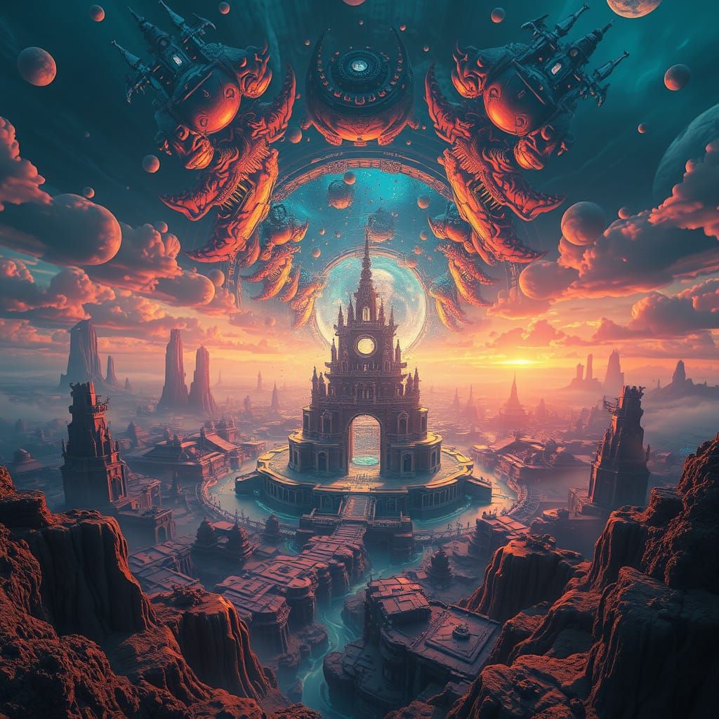 Mystical Realm Optical Illusion in Cyberpunk Art Style