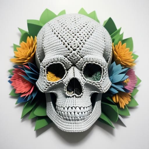 Crocheted Skull with Flowers in Origami Style