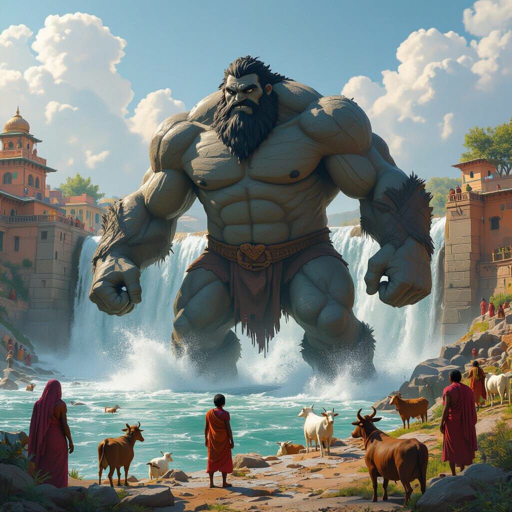 Stone Giant Blocks Dam in Cartoonish 3D Style