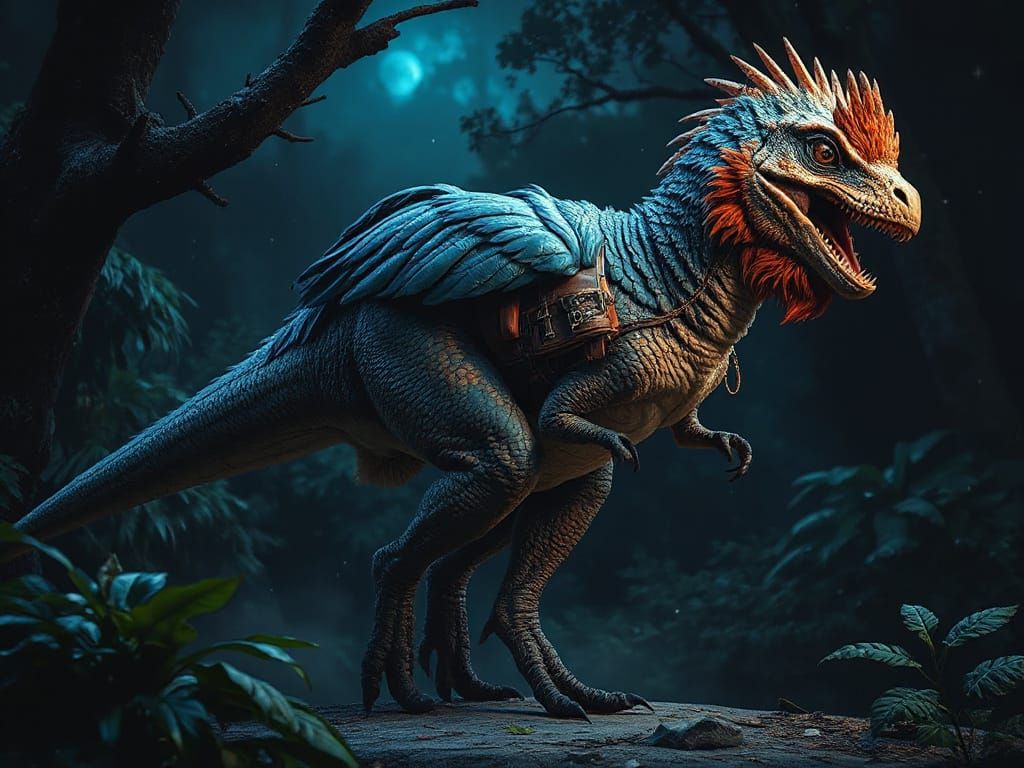 Anime-Style Feathered Raptor-Rooster Hybrid Dinosaur