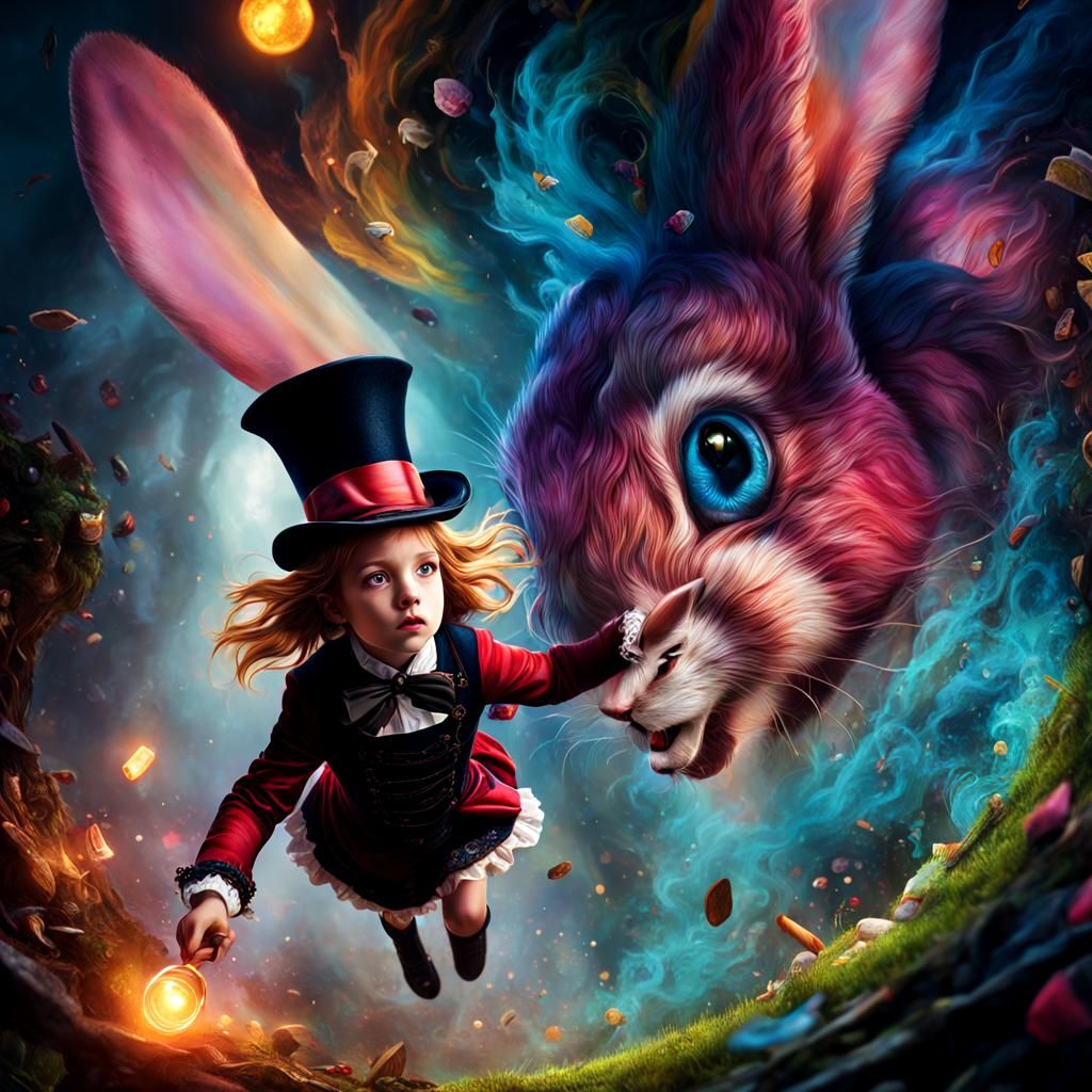 Alice Escapes Rabbit Hole: Hyperrealistic Splash Art