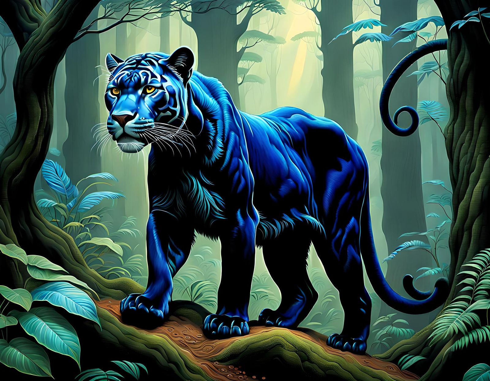 Black Indigo Panthers in Whimsical Forest
