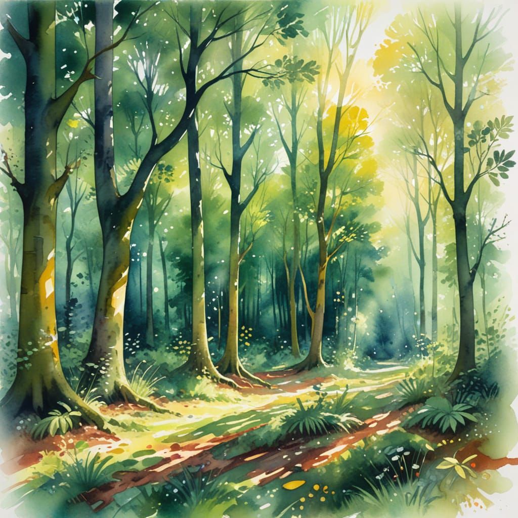 Vibrant Forest Glade in Expressive Watercolour Style