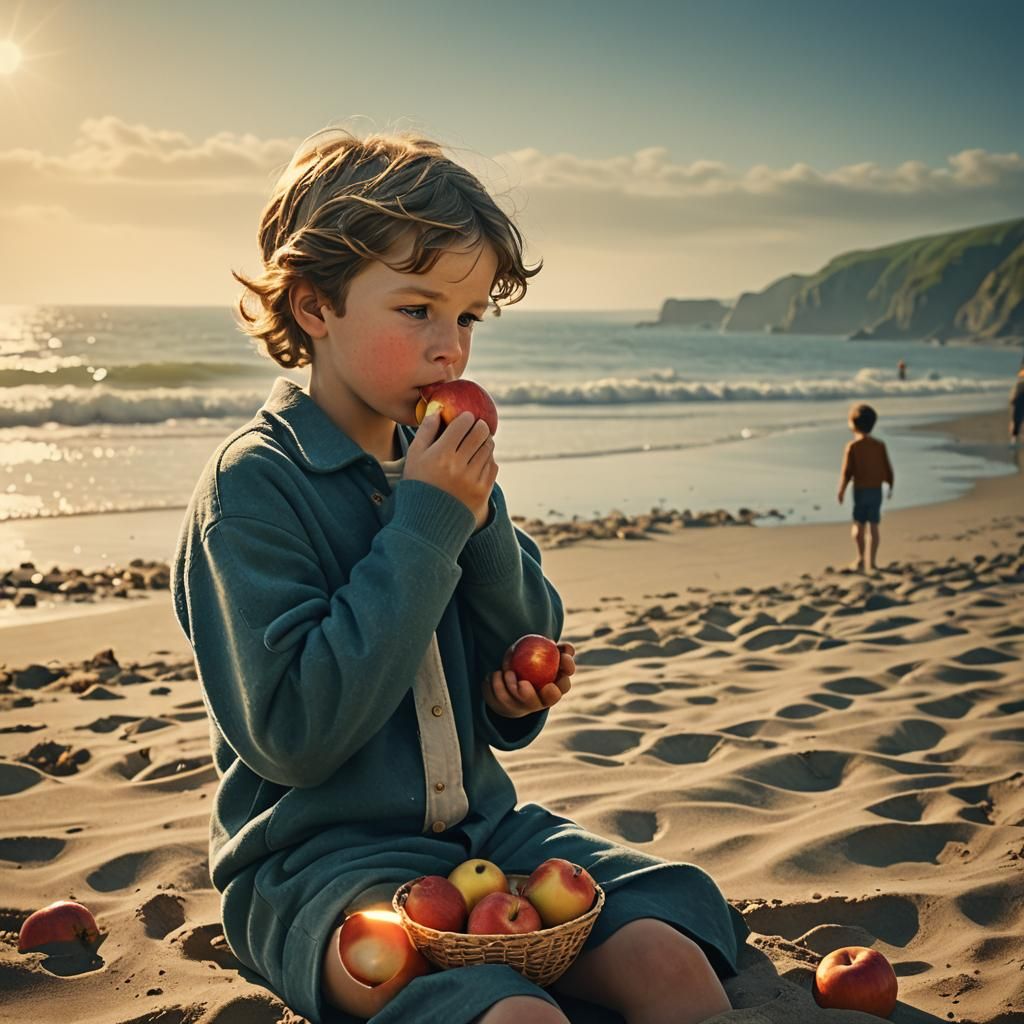 Vintage Beach Scene: Kid Eating Apple in Retro Style