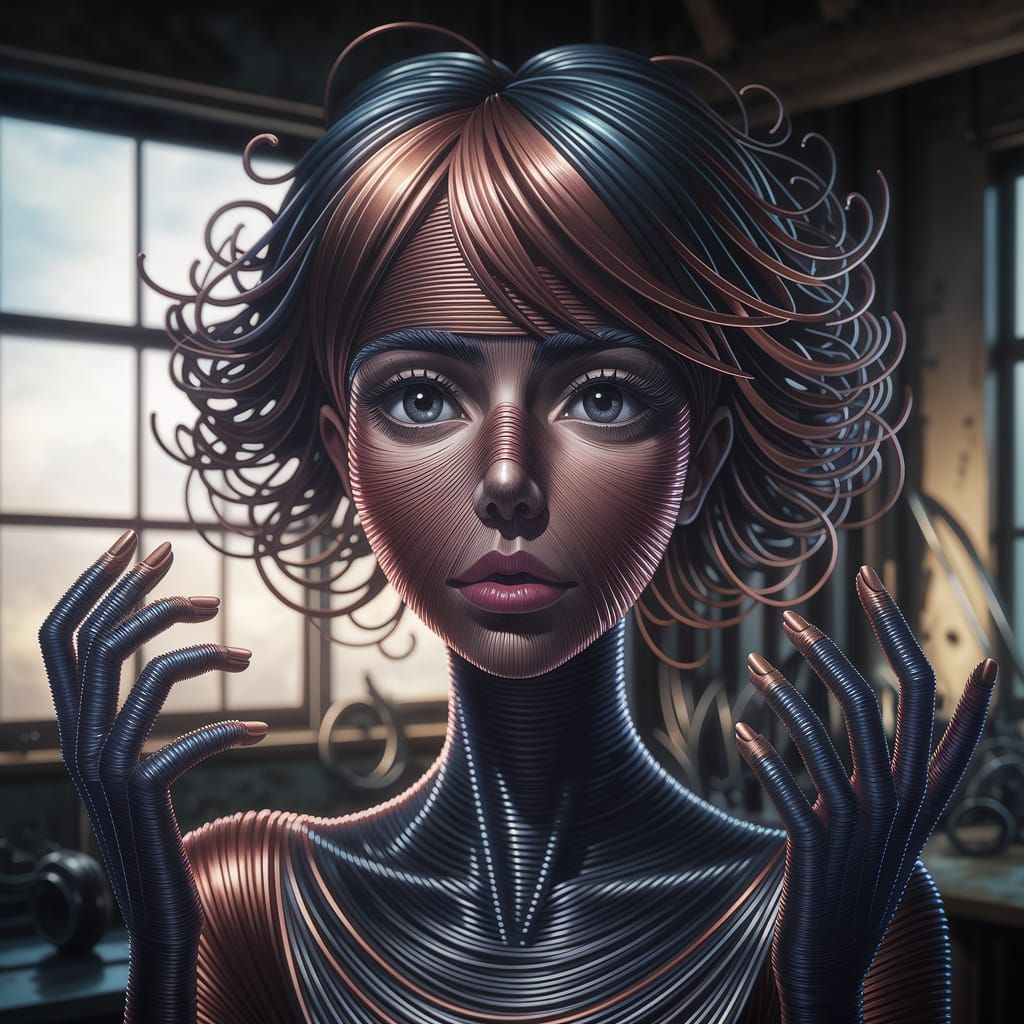 Anime Portrait of Wire Sculpture in Antique Workshop