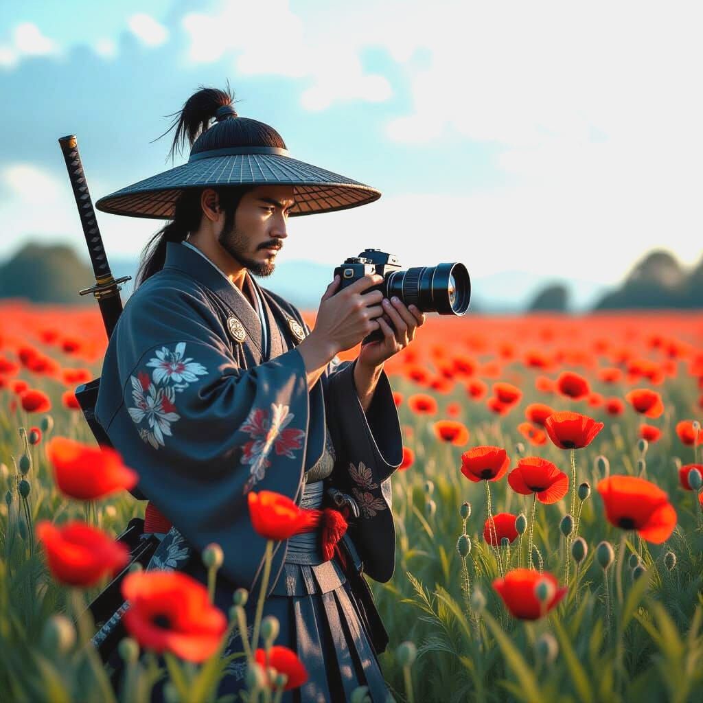 Samurai Captures Poppies with Vintage Camera