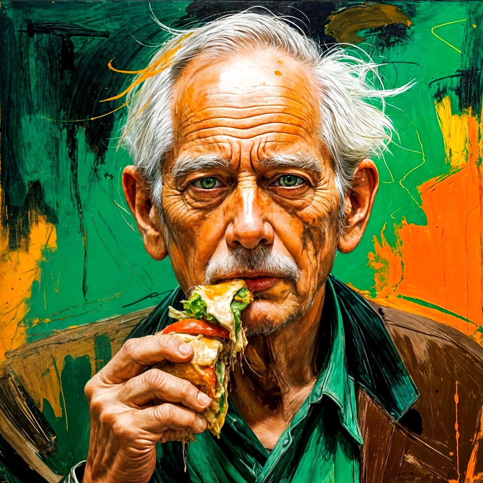 Abstract Grunge Portrait: Elderly Man with Cheeseburger