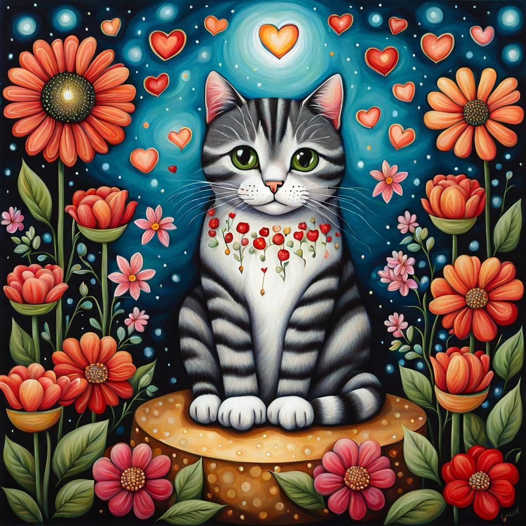 Cat on Pillow Surrounded by Flowers, Illustrative Style