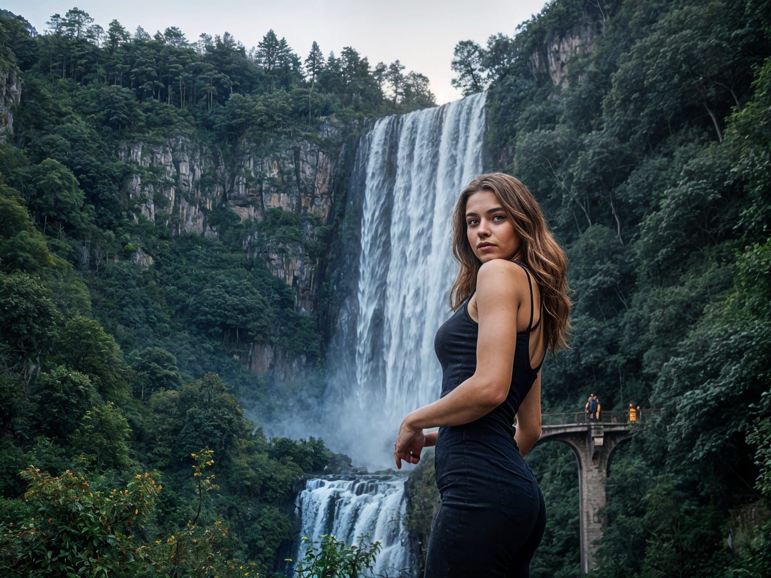 Attractive Woman Posing at Sunset Waterfall