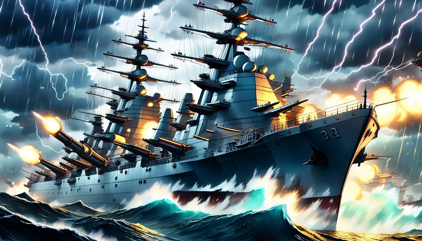Warships Clash in Storm: Anime Cel-Shaded Battle