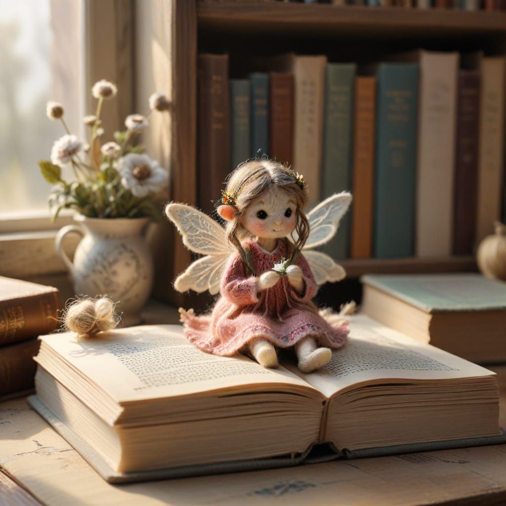 Whimsical Yarn Fairy on Book in Cozy Library