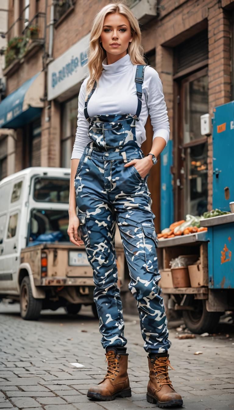 Blonde Woman in Camouflage Trousers: Hyperrealistic Street S...