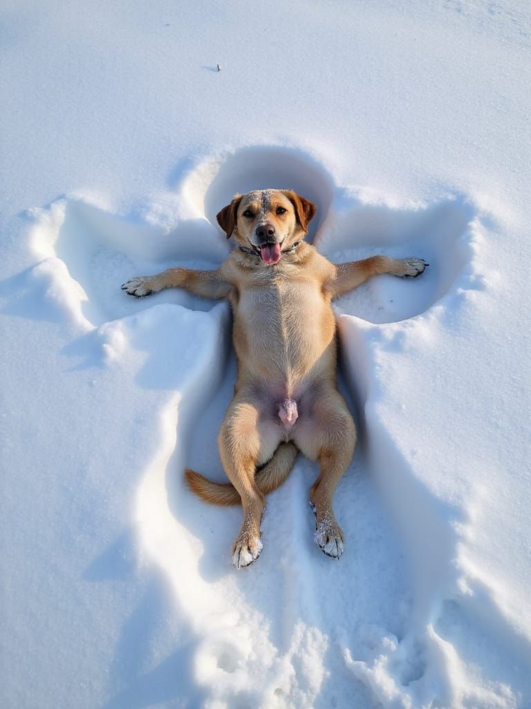 Serene Winter Scene with Dog as Snow Angel
