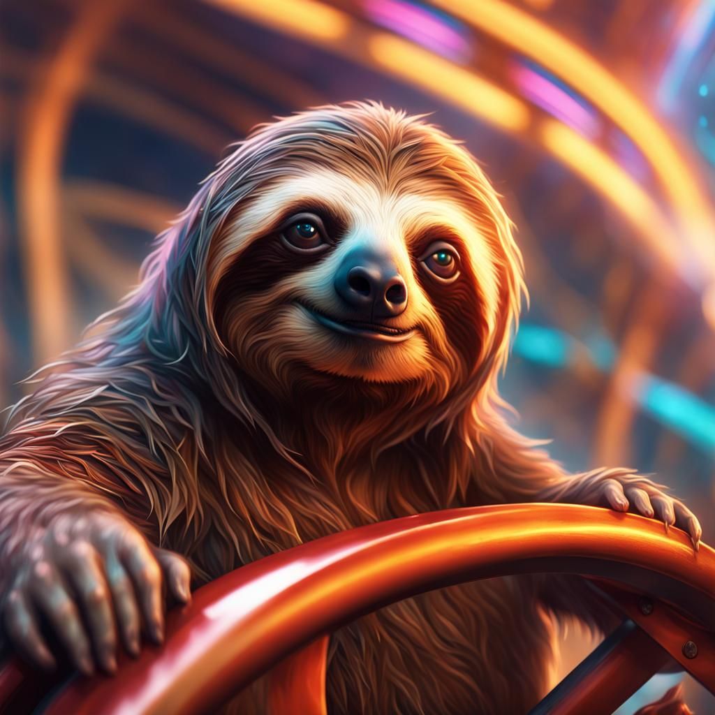 Fiery Sloth on Roller Coaster, Hyperrealistic Art