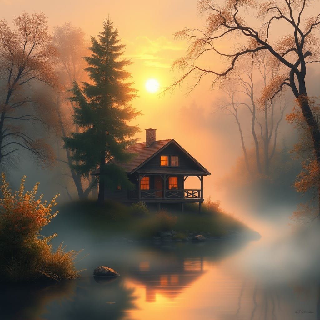 Cozy Forest Retreat at Sunset, Warm and Inviting