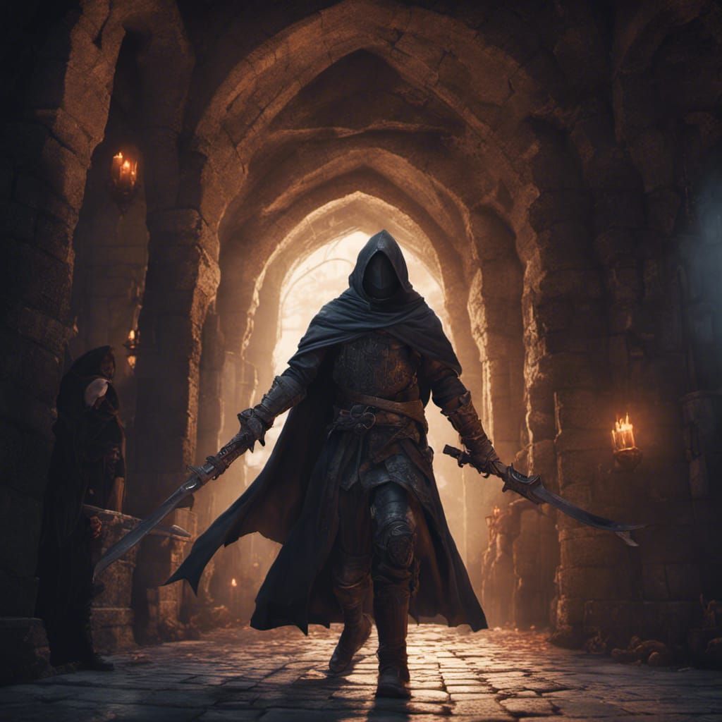 Cloaked Assassin in Castle Hallway: Matte Painting