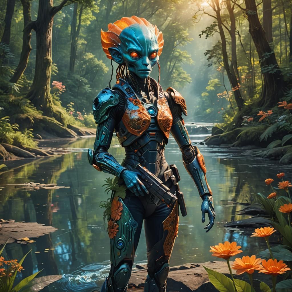 Alien Woman with Ray Gun in Forest, Matte Painting
