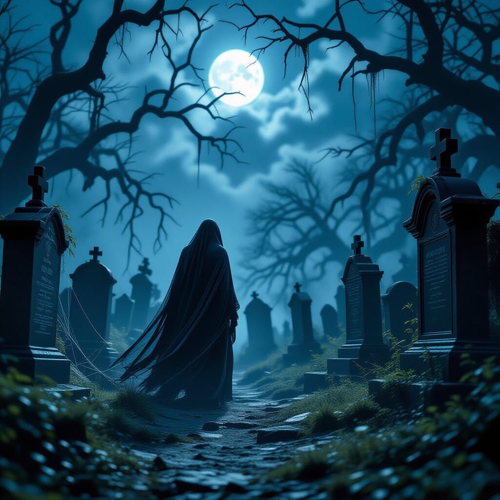 Spectral Figure in Eerie Gothic Graveyard at Dusk