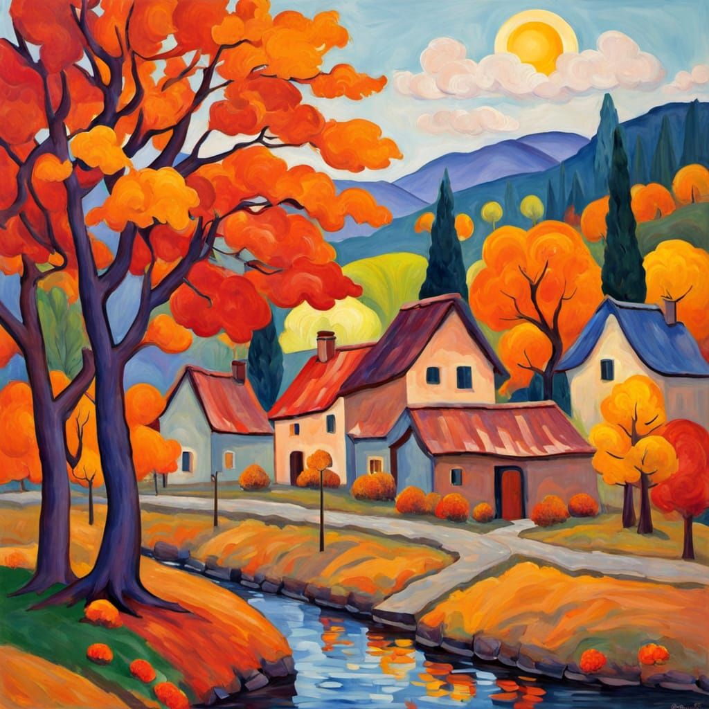 Fauvism Autumn Village Landscape Painting