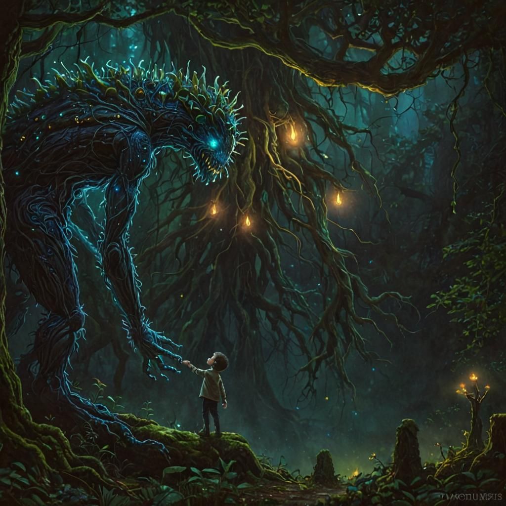 Mystical Forest Encounter: Boy and Tree Monster