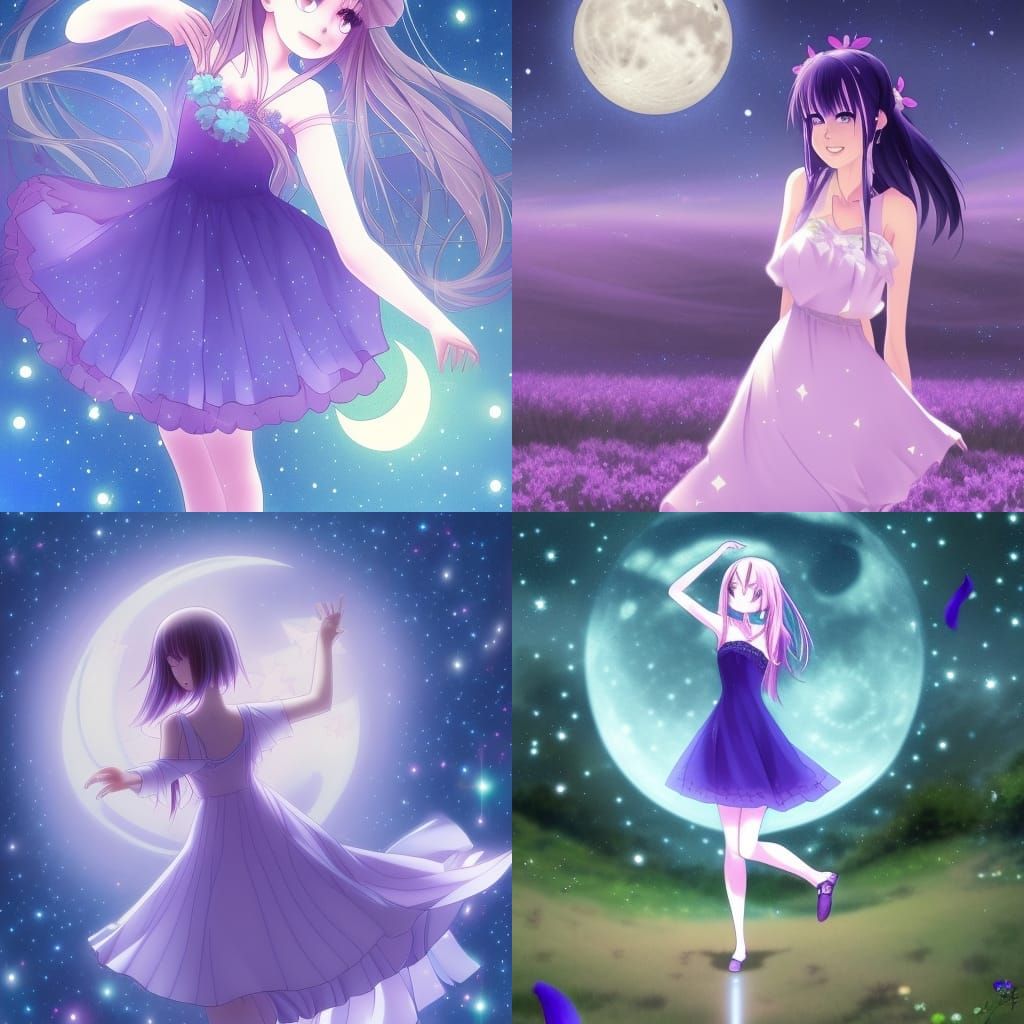 Girl Dancing in Lavender Dress Under Starry Sky