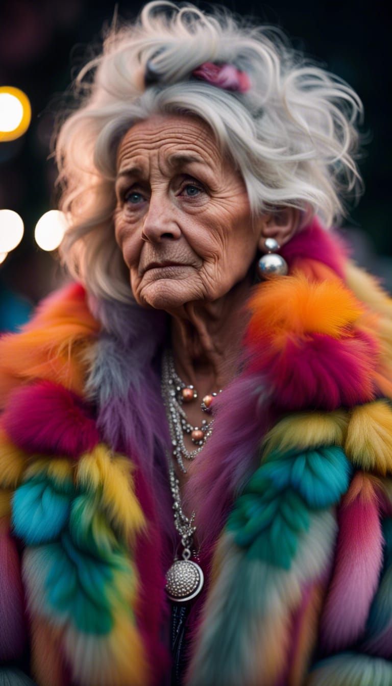 Sad Woman in Fur Coat at Disco Festival