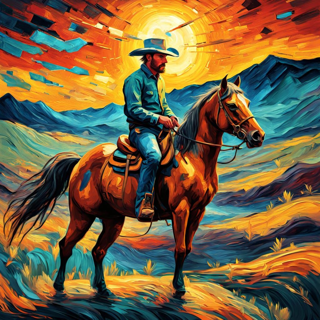 Modern Cowboy Rides into Vibrant Sunset in Glitch Art Oil Pa...