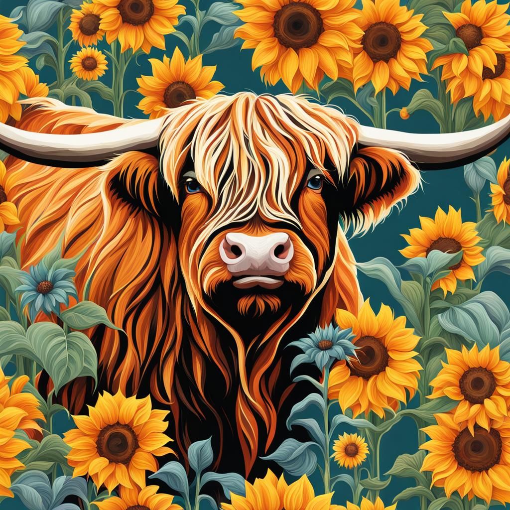 Highland Cow and Sunflower Abstract Art