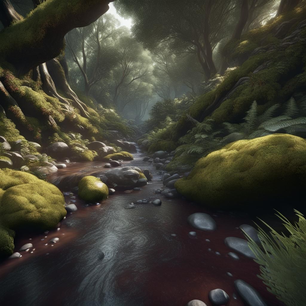 New Zealand Forest Stream in Detailed Matte Painting