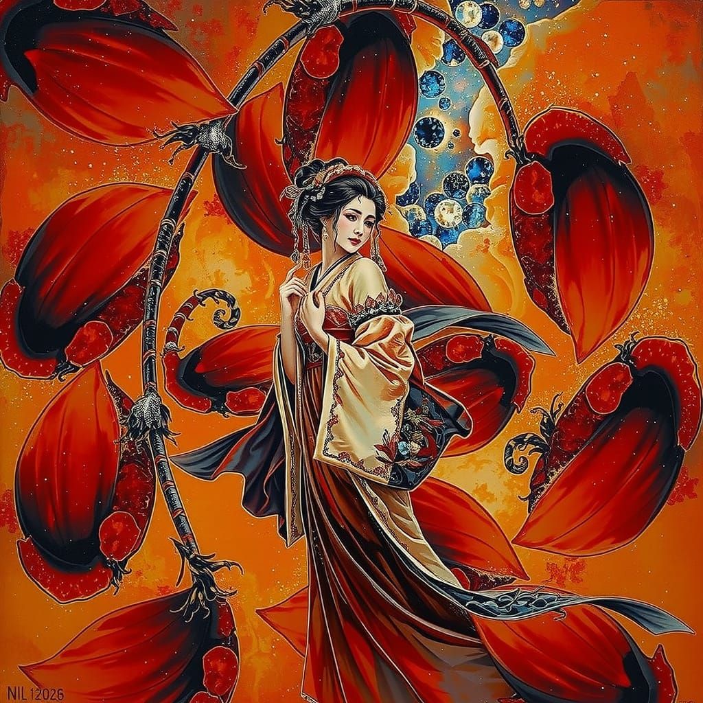 Elegant Geisha in Crimson Kimono Amidst Luminous Botanicals