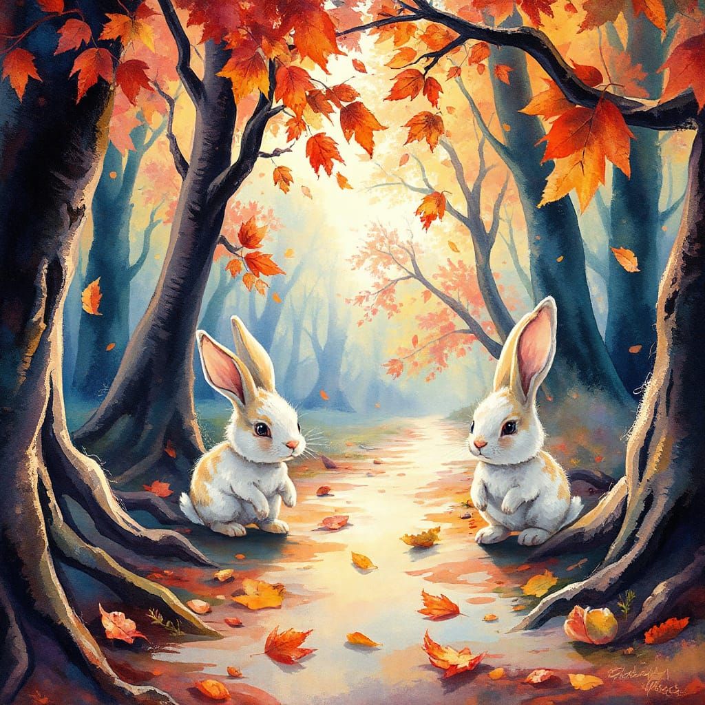 Charming Autumn Forest Scene in Whimsical Artistic Fusion