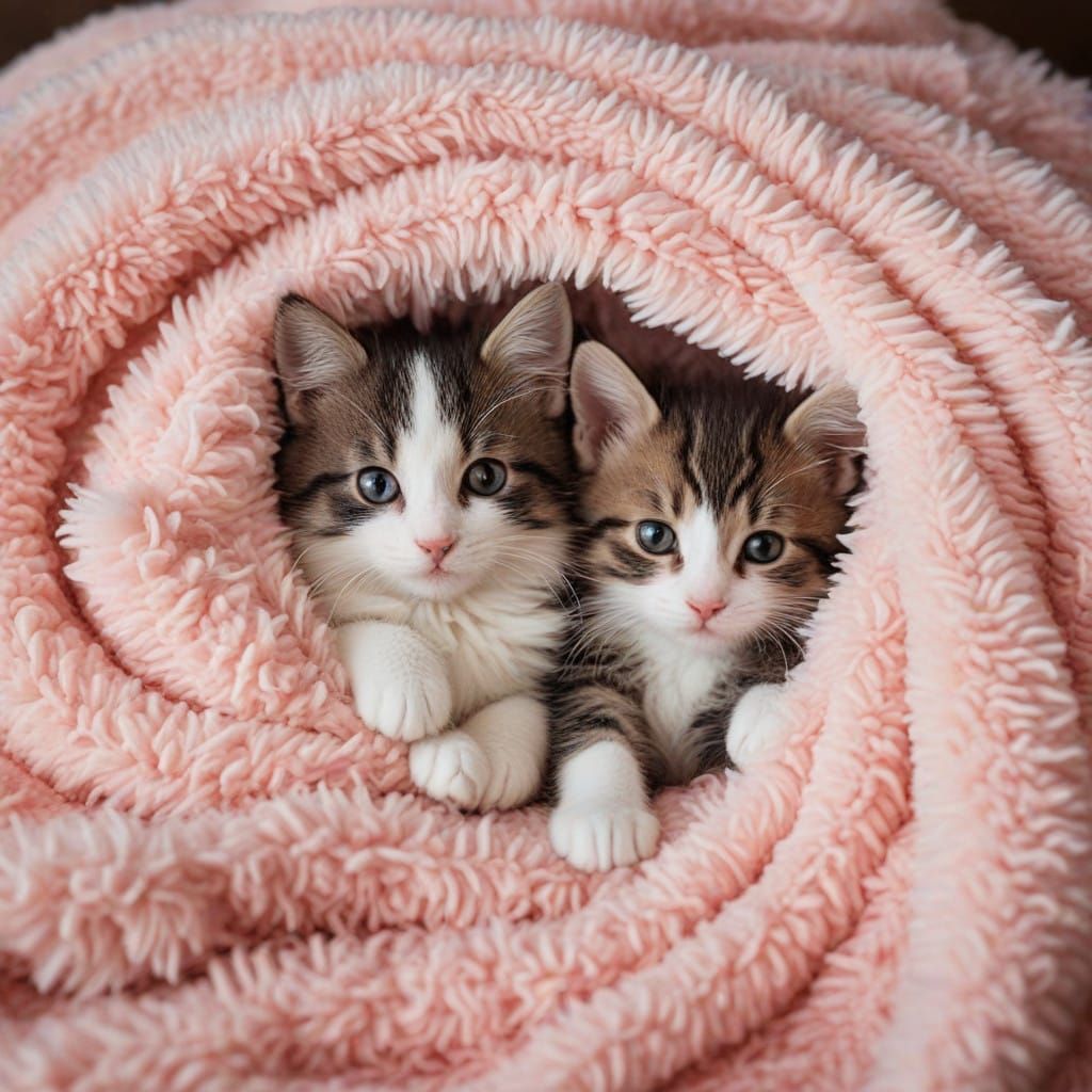 Snuggly Puppy Kitten Duo in a Cozy Fuzzy Blanket Scene
