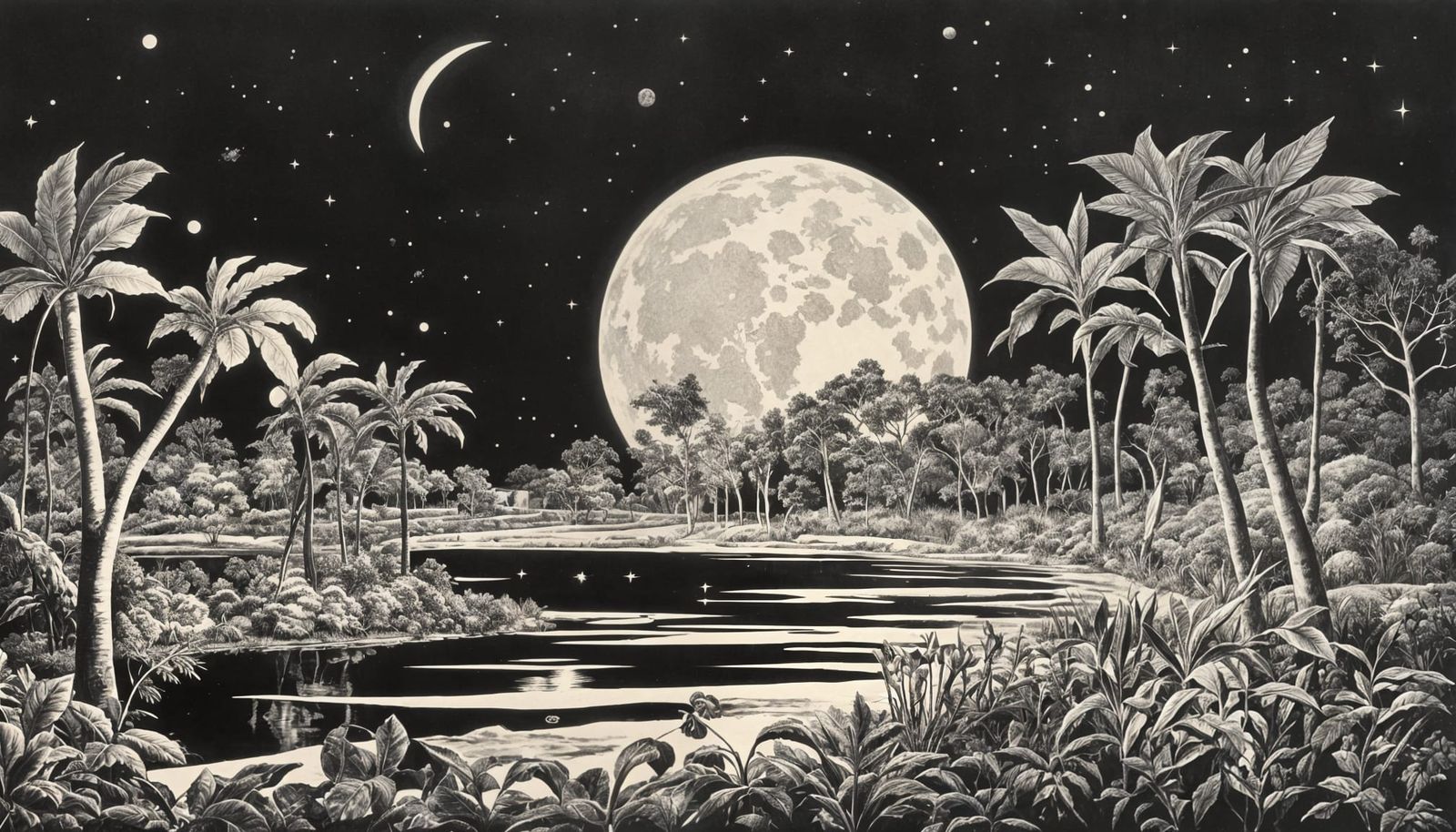 Moon Garden Lithograph in Brown and Black